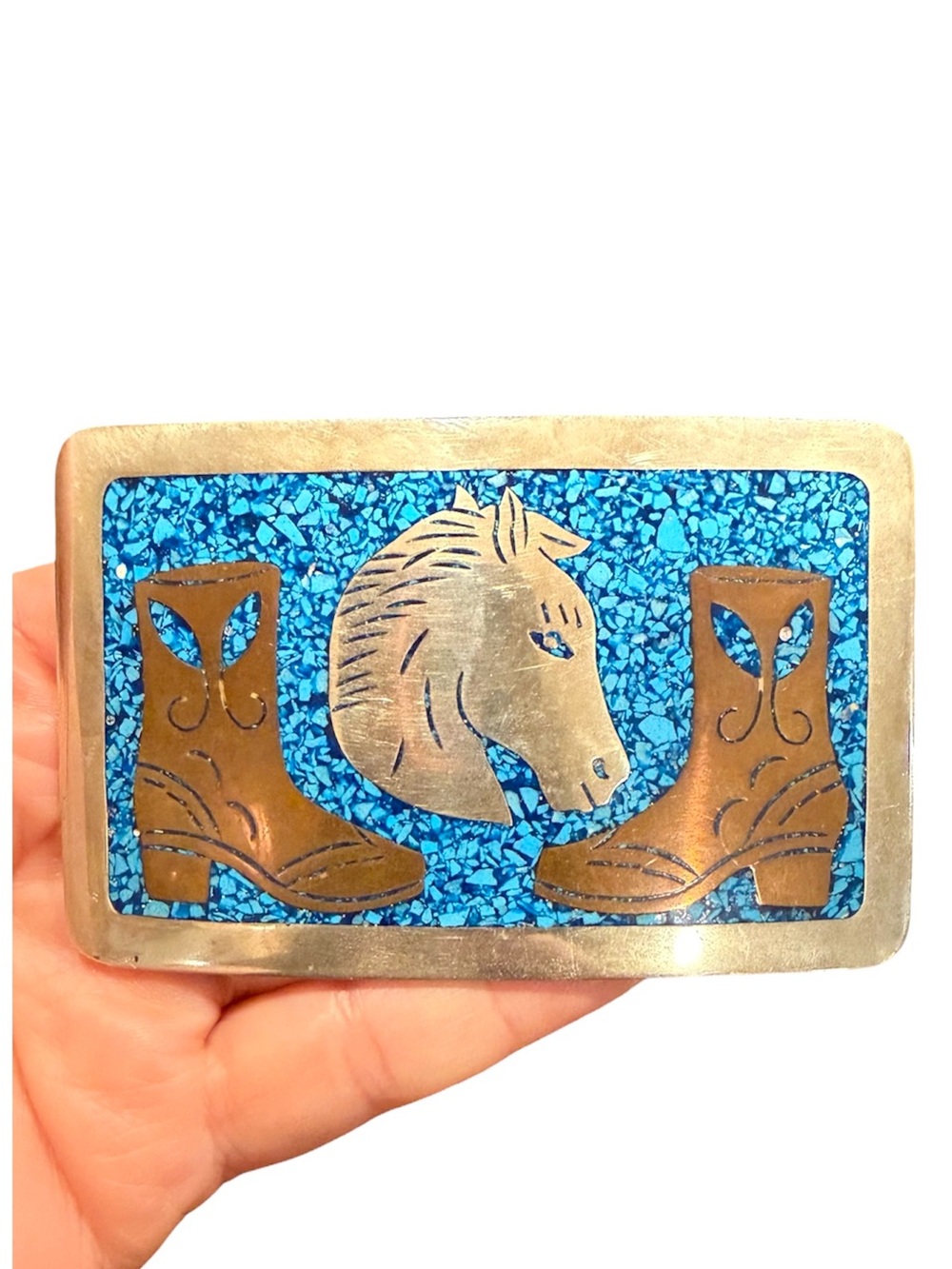Vintage Southwestern Horse Head & Cowboy Boots Brass Belt Buckle Turquoise Inlay - Picture 7 of 7